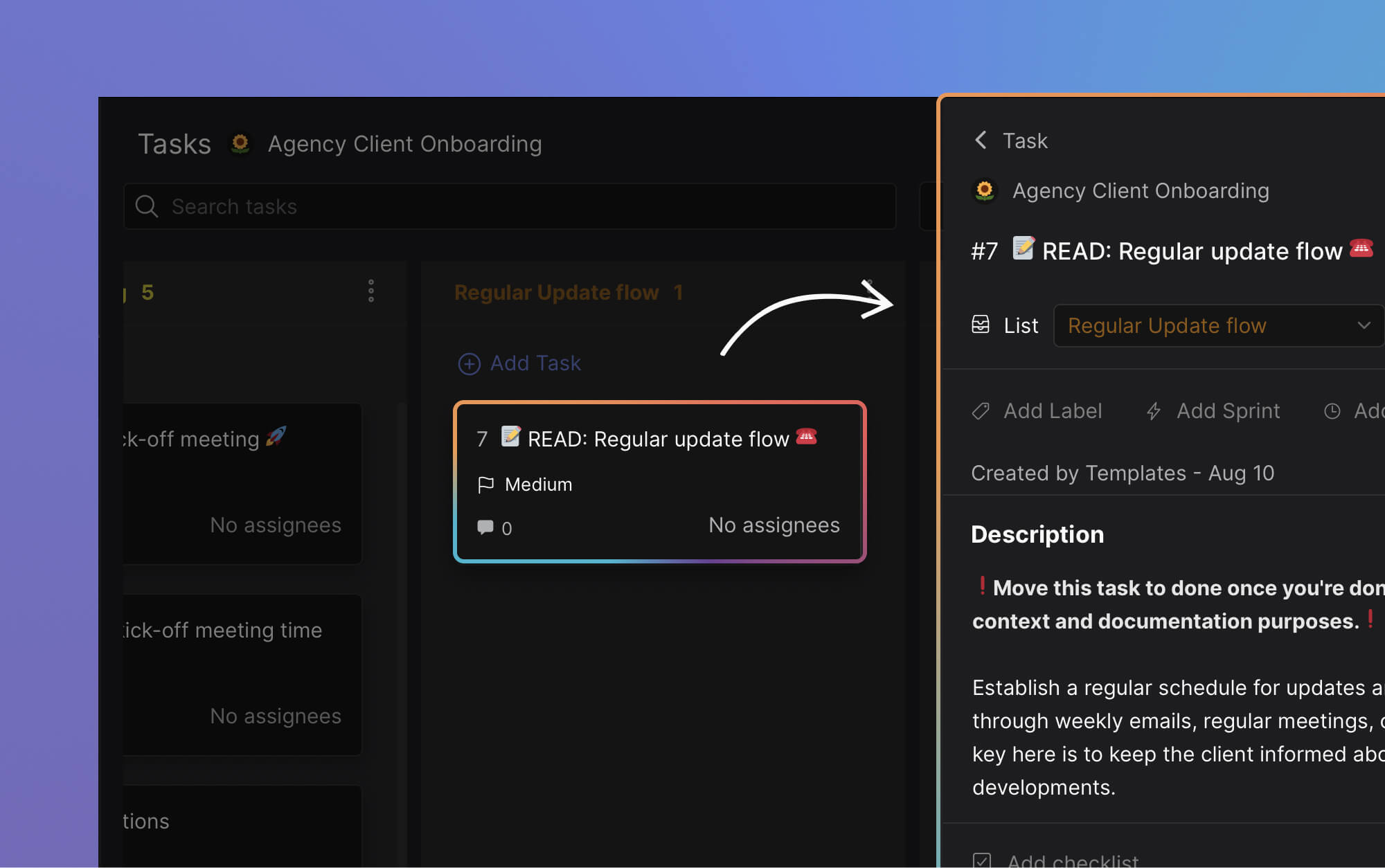 Regular client update flow with weekly pinned summaries in a shared space