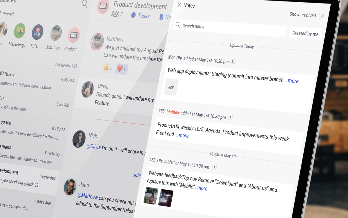 Rock notes panel showing pinned project documents in a workspace
