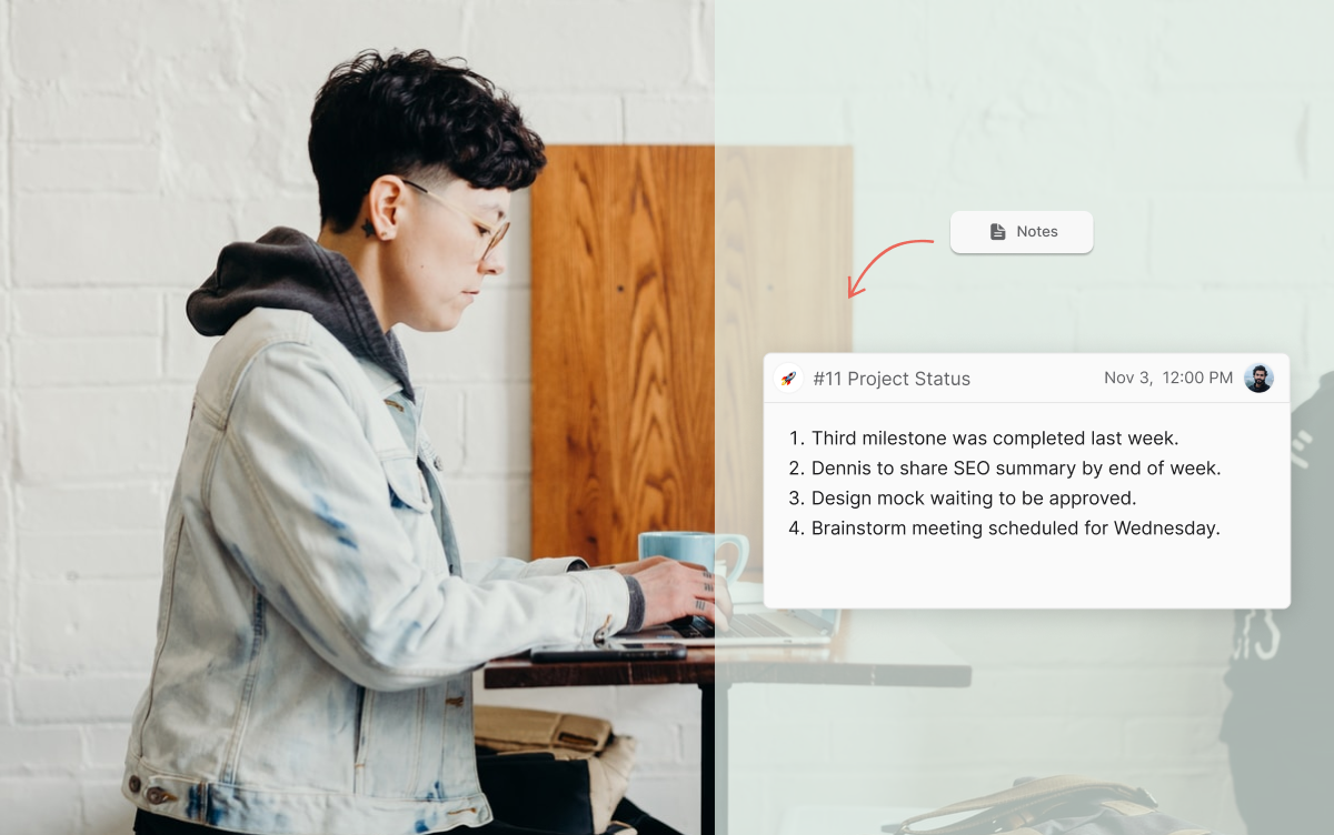 Agency team member reviewing project notes and client status updates