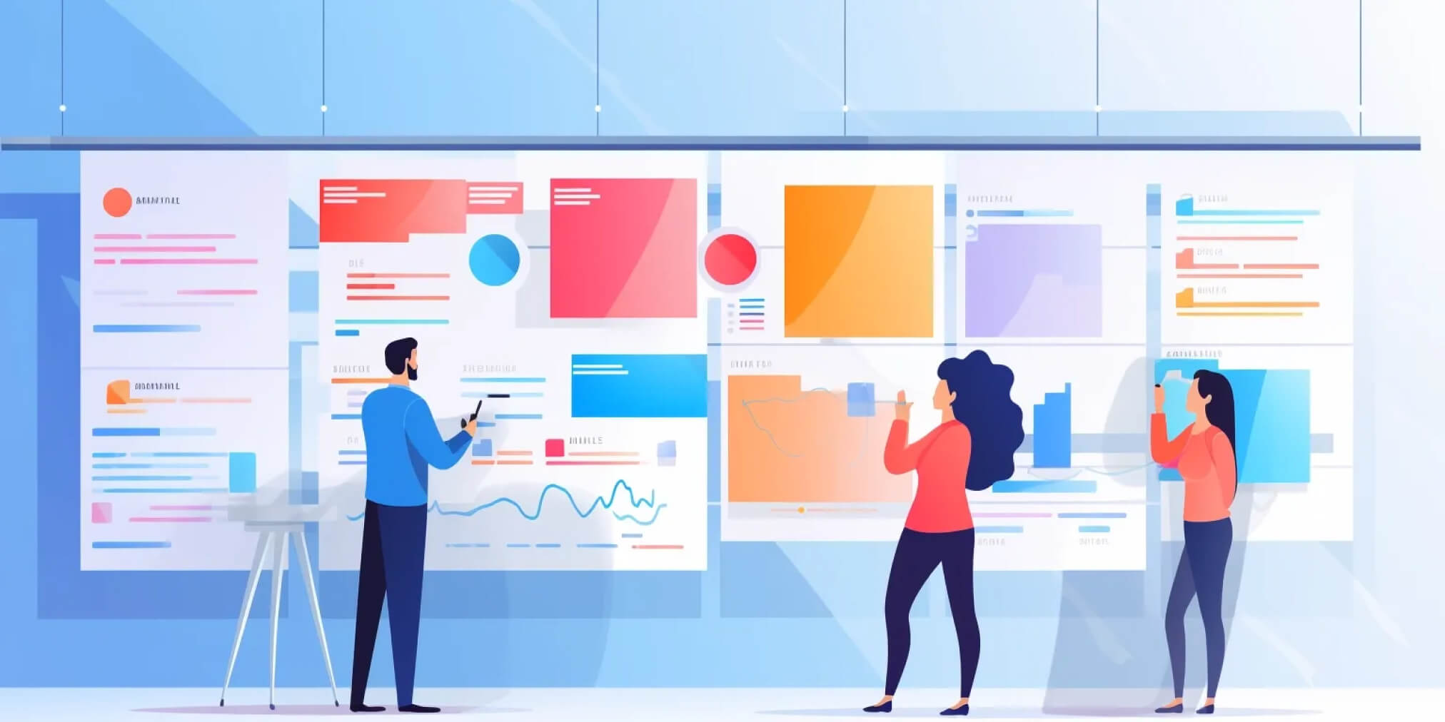Team reviewing project management boards and planning work