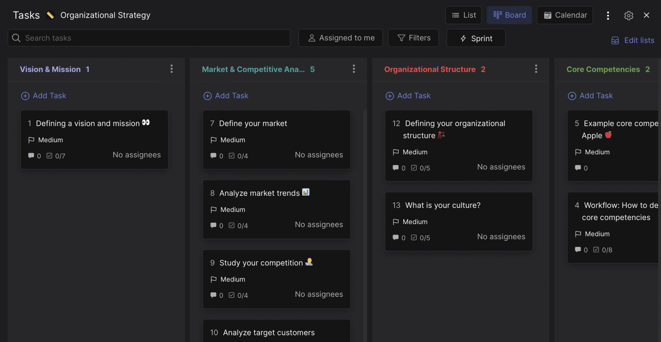 Long term planning template preview showing strategic domains from vision and mission through market analysis, structure, competencies, and goals