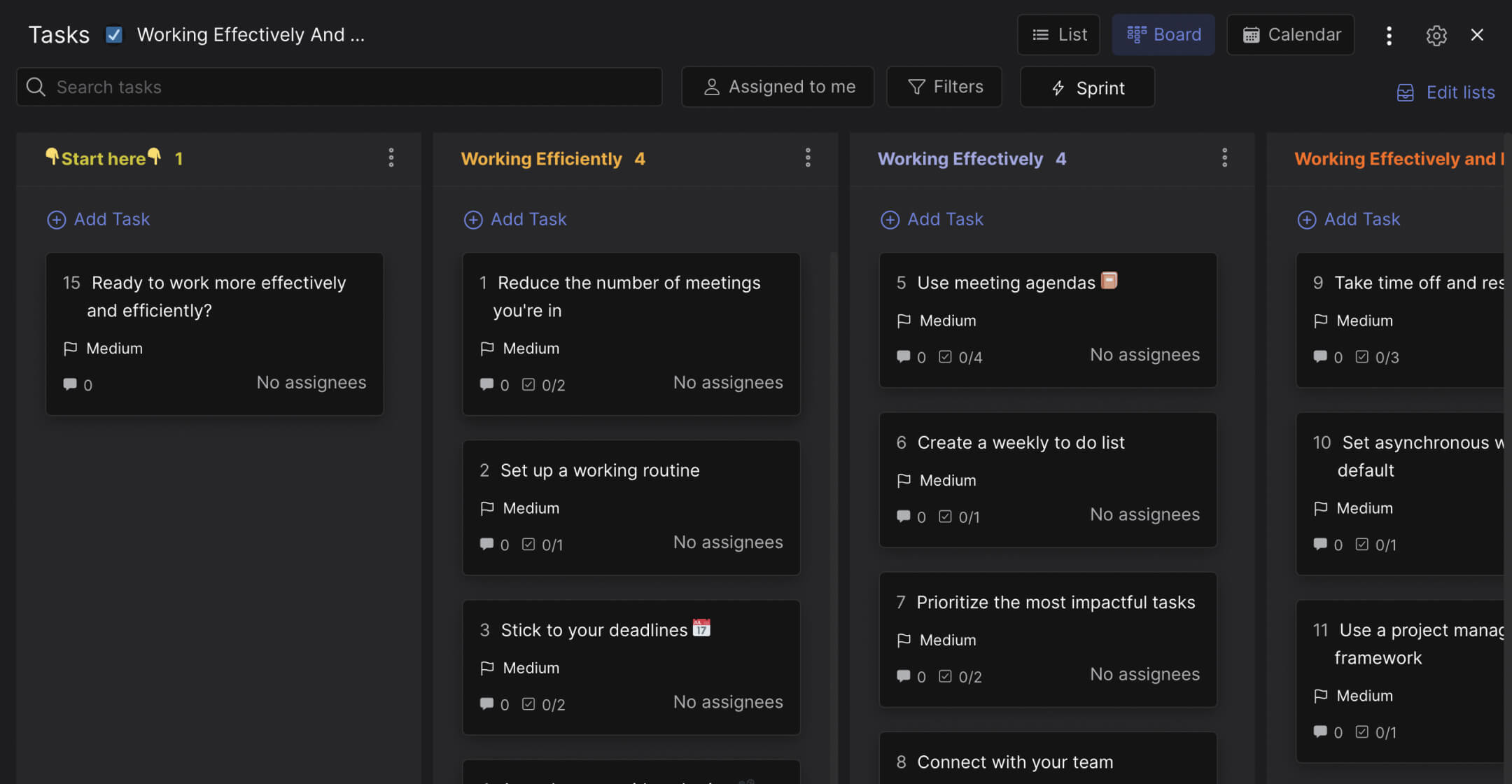 Productivity training template preview showing strategies organized from efficiency through effectiveness to combined practices