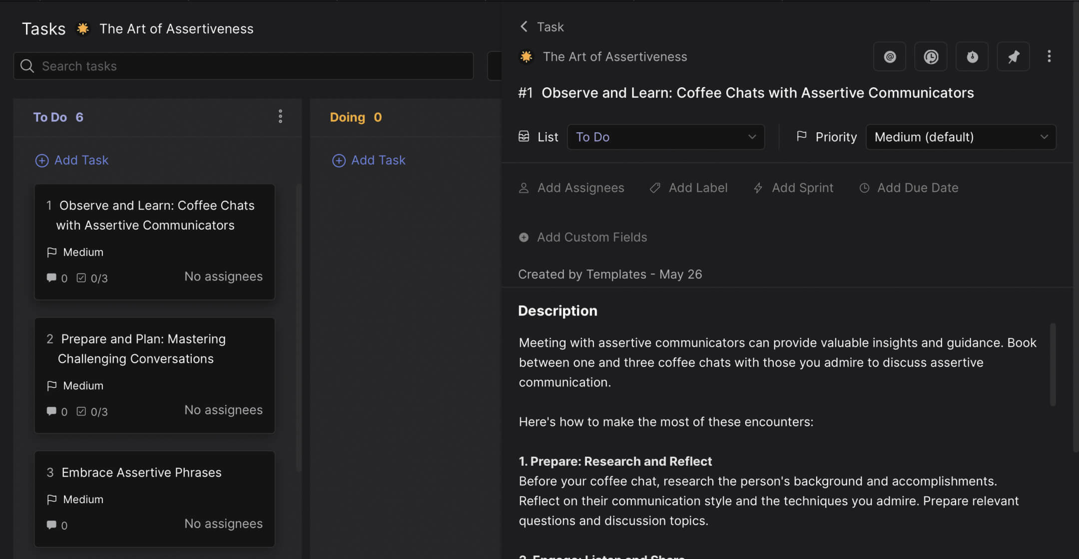Assertiveness training template preview showing exercises organized from to-do through doing to done