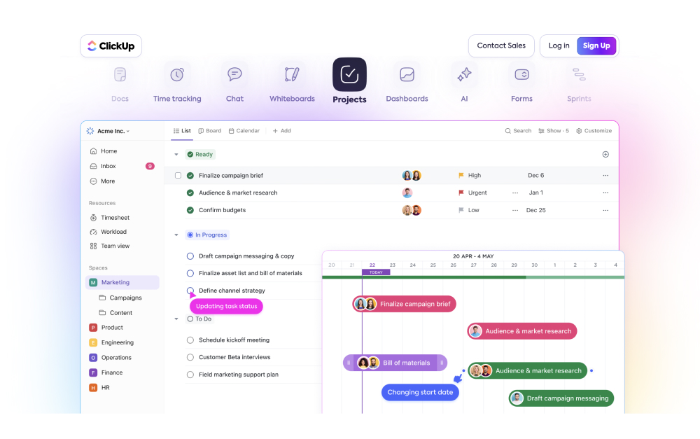 ClickUp task management interface with multiple views