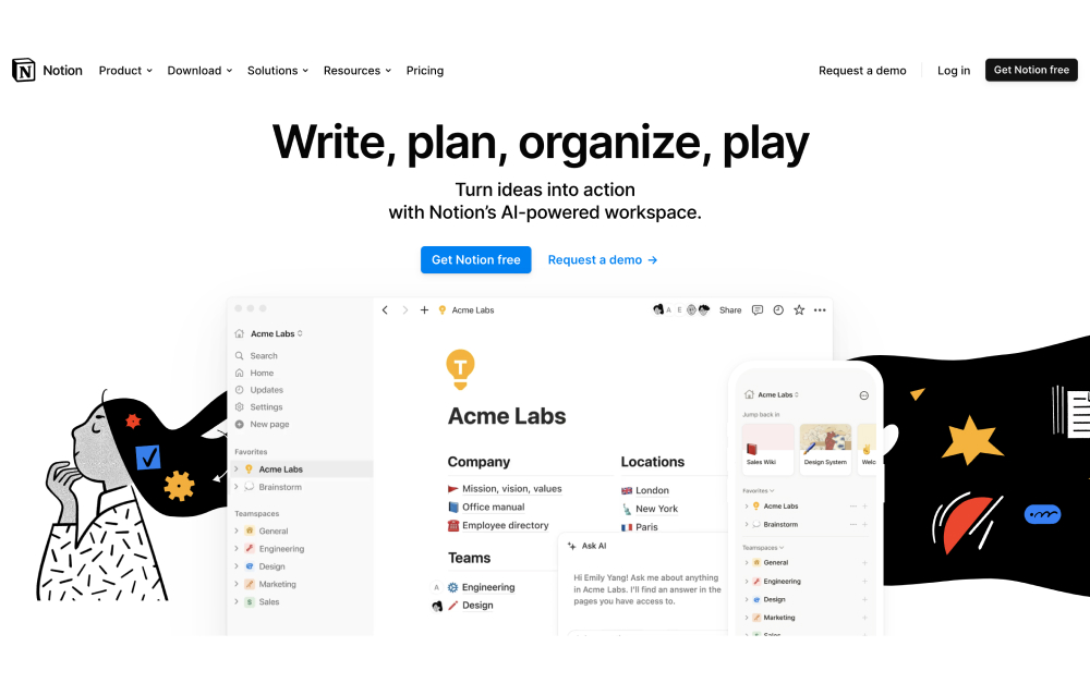 Notion project management interface with docs and task databases
