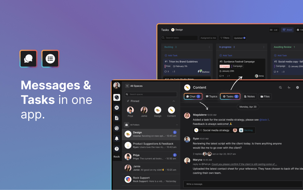 Rock workspace showing a website project task board with design and development cards