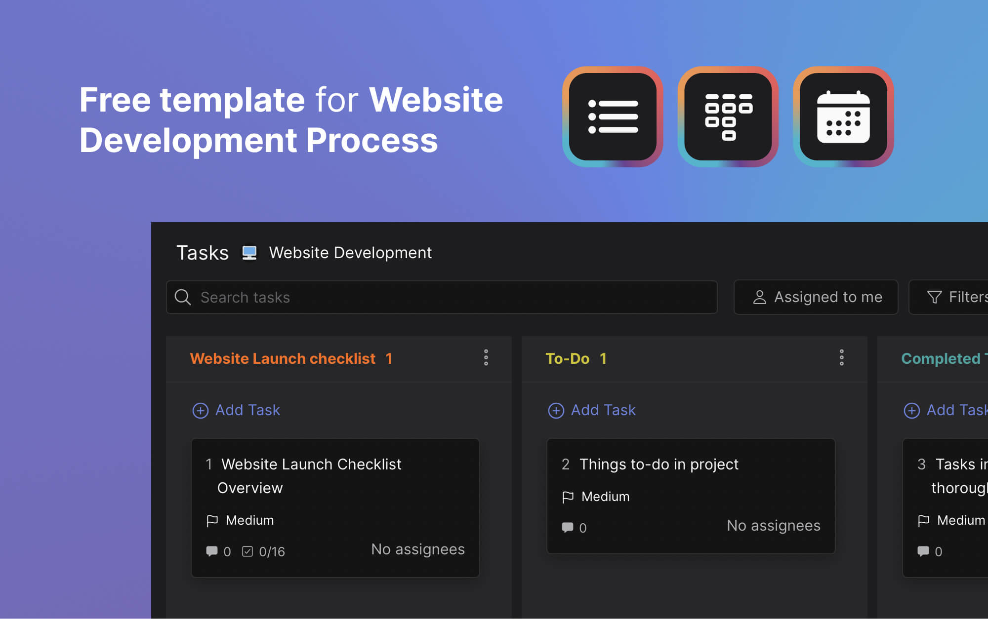 Website project management template preview with task board and sample tasks