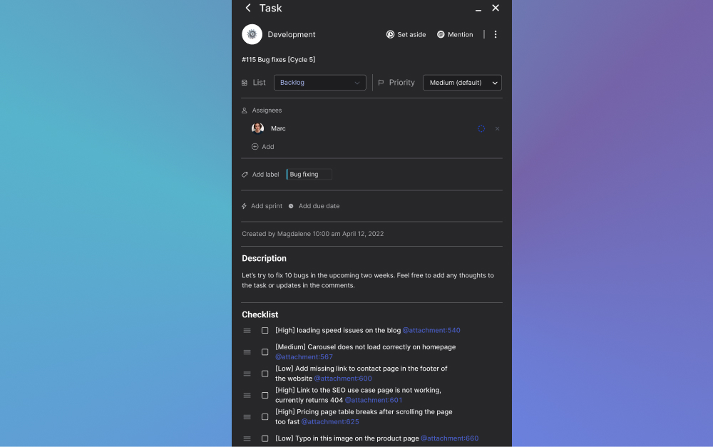 Example of a bug fix task with checklist items and screenshots in a web development sprint