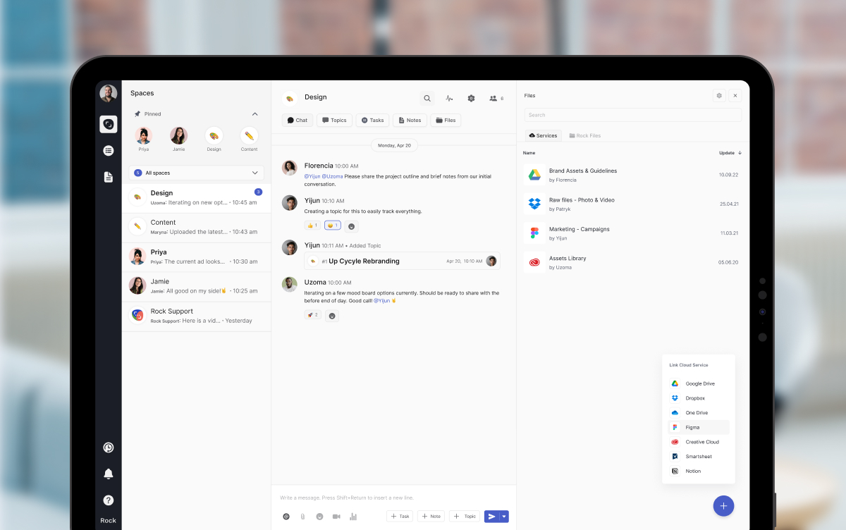 Rock workspace integrating files and meetings in client spaces