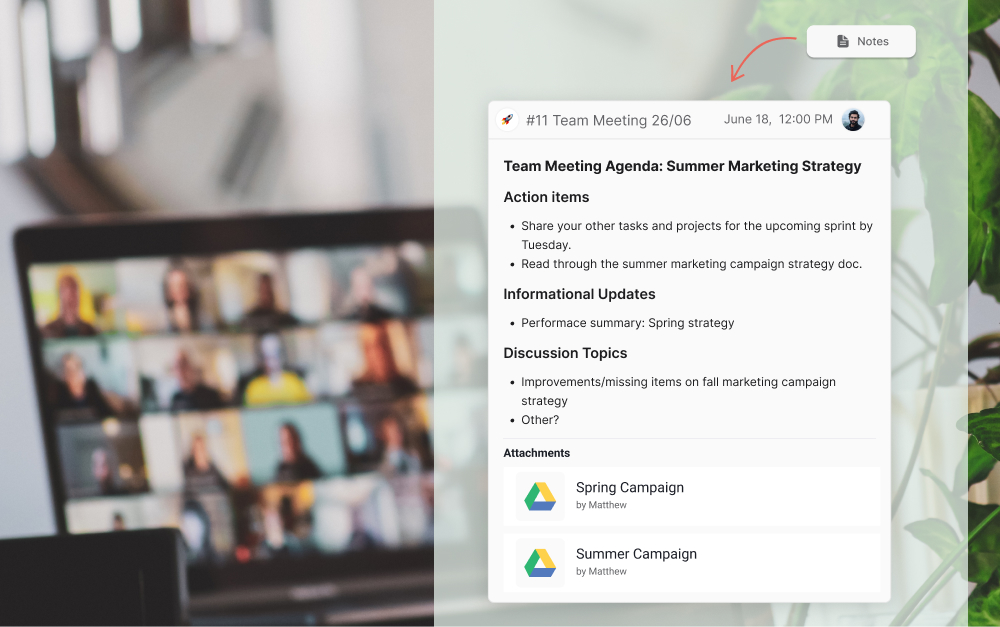 Kickoff meeting agenda sent in advance to client in shared workspace