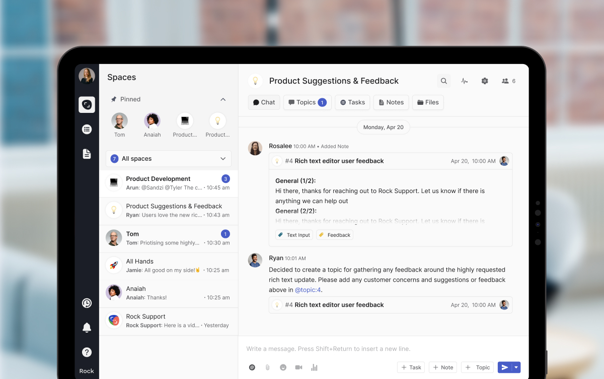 Rock workspace showing chat tasks and notes in one shared client space