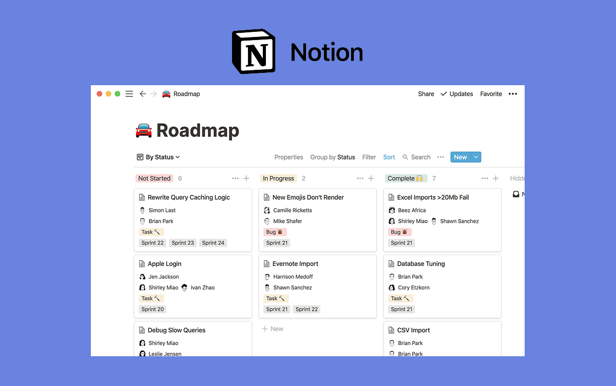 Notion workspace with a client project roadmap and task database