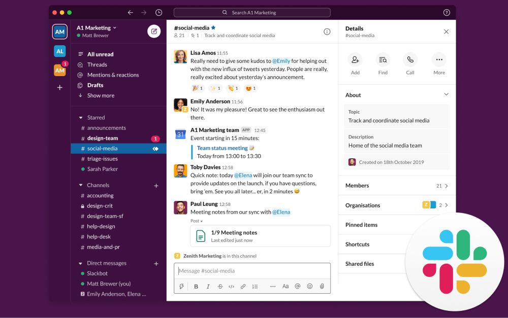 Slack messaging interface with channels and threads