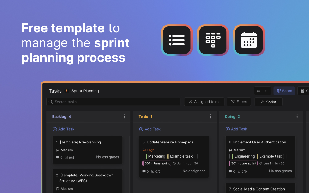 Marketing campaign planning template with sprint cycle tasks and labels