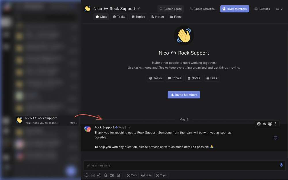 Rock workspace showing multiple customer support spaces with chat and task threads