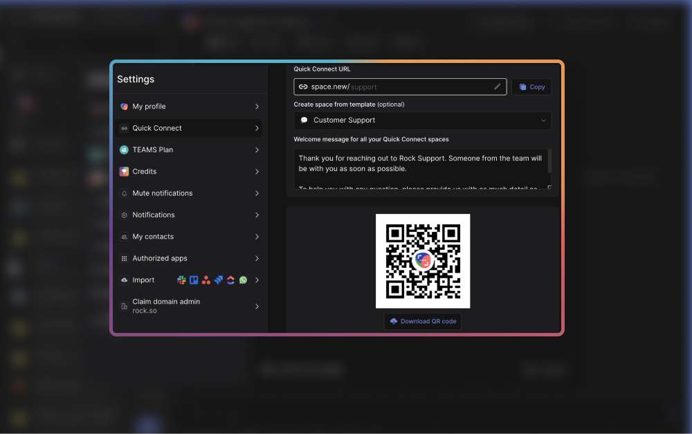 Quick Connect link setup for a customer support workflow