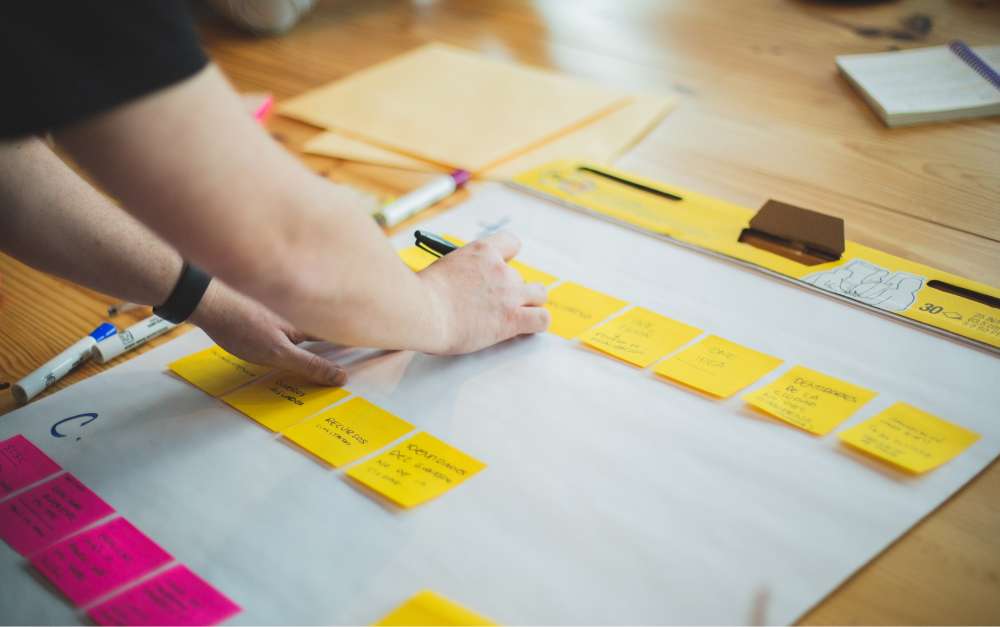 Strategy planning whiteboard with sticky notes for choices and trade-offs