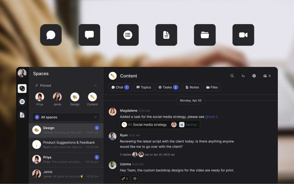 A project workspace showing chat, tasks, and notes organized together