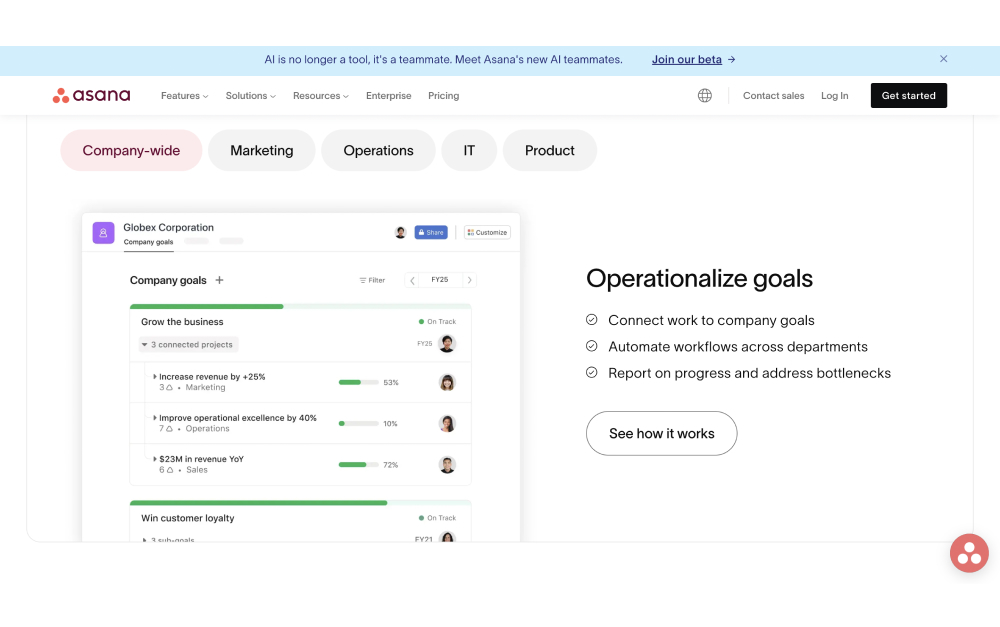 Asana dashboard with goals and team collaboration views