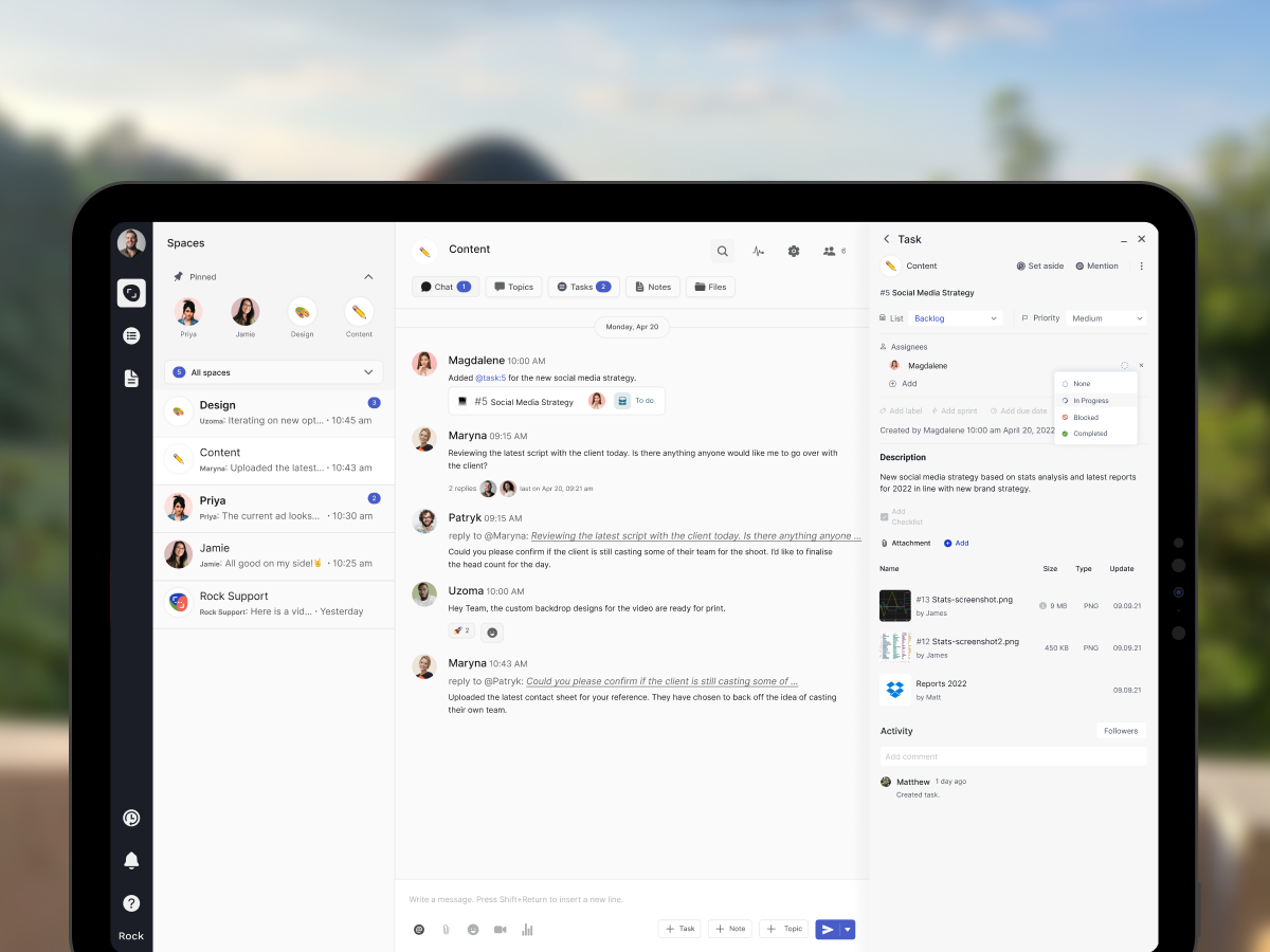 Rock workspace with chat, tasks, and notes in one view