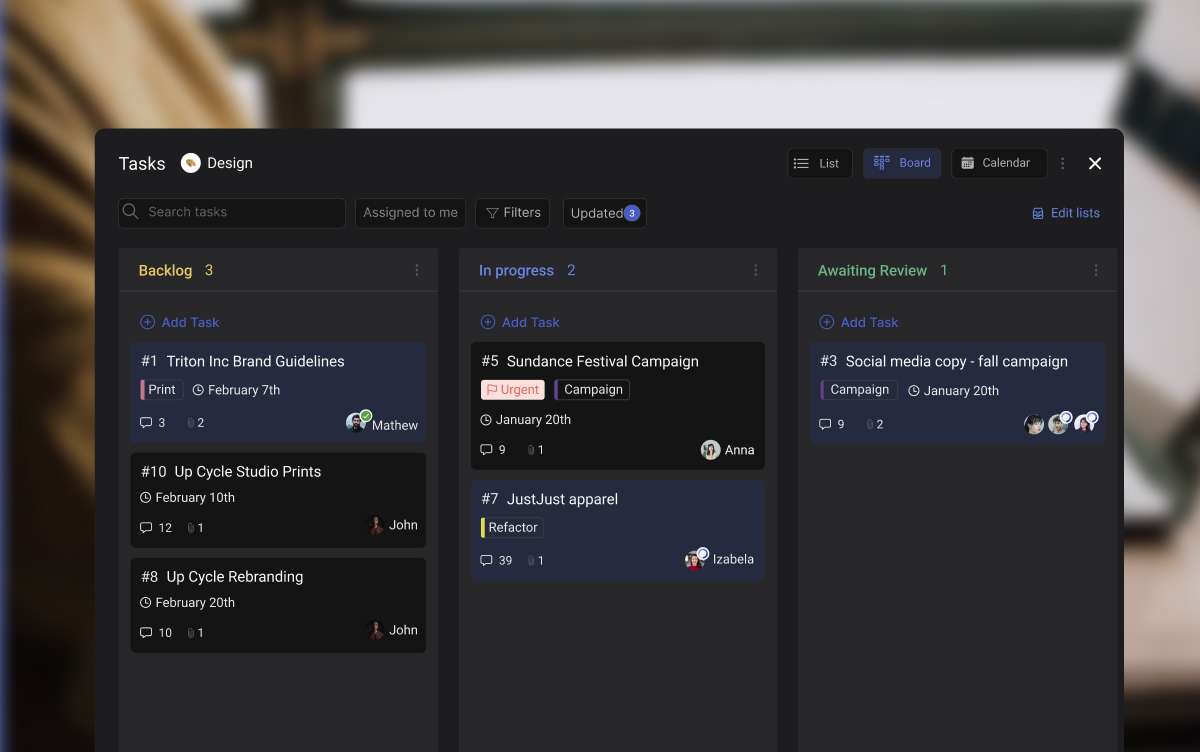 Task board showing individual task cards with owners and statuses