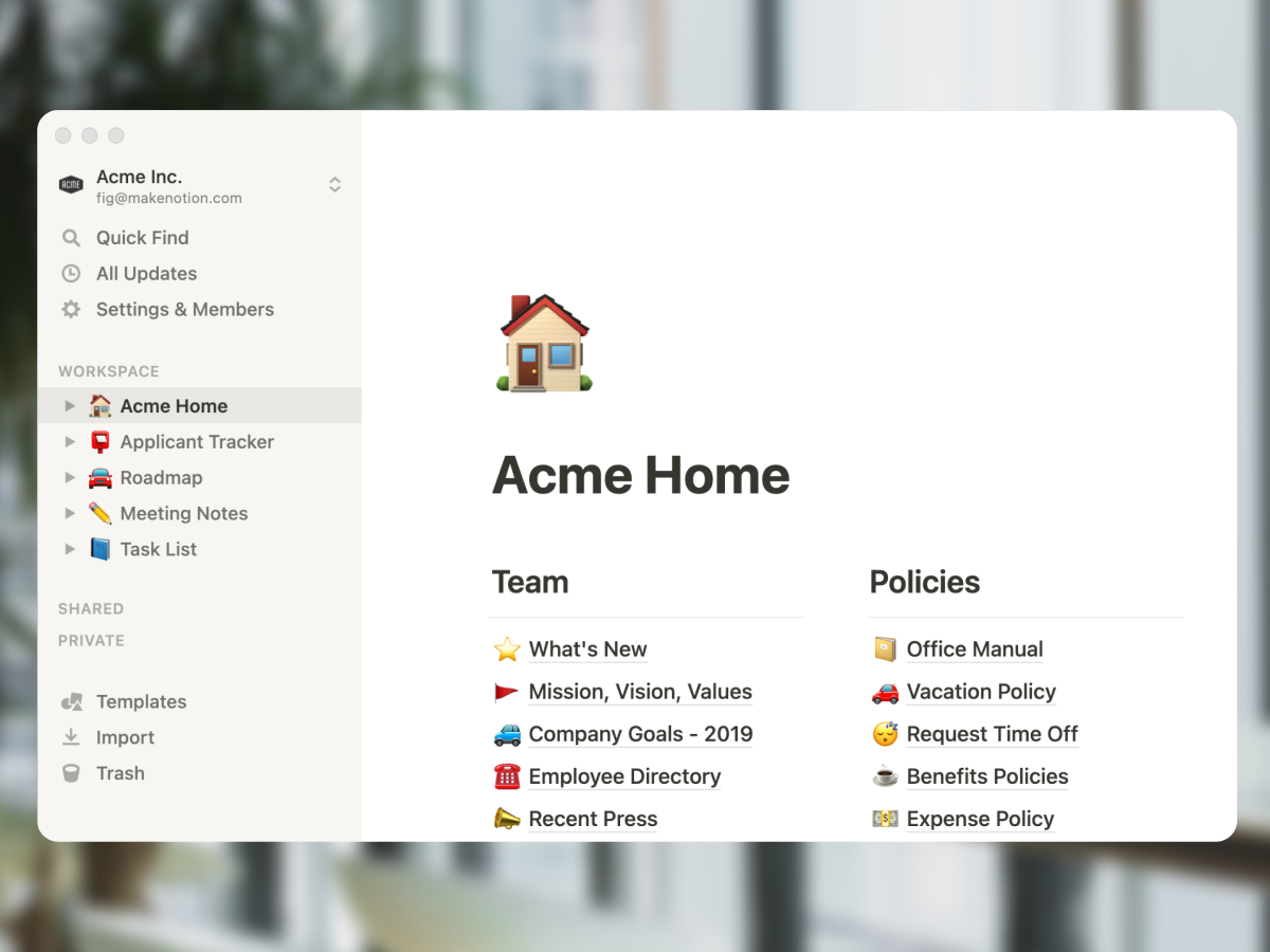Notion workspace with team docs and policies on one page