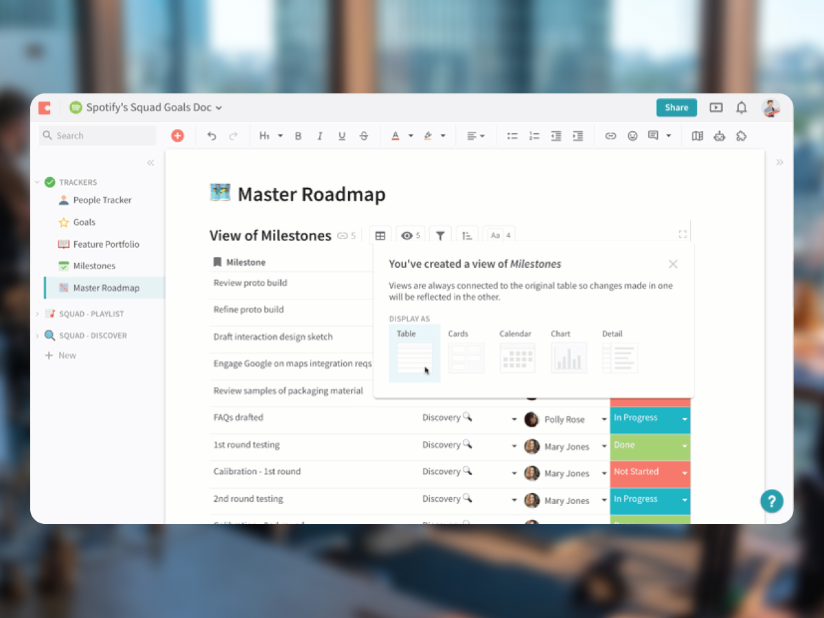 Coda project management workspace with milestones and tracking tables
