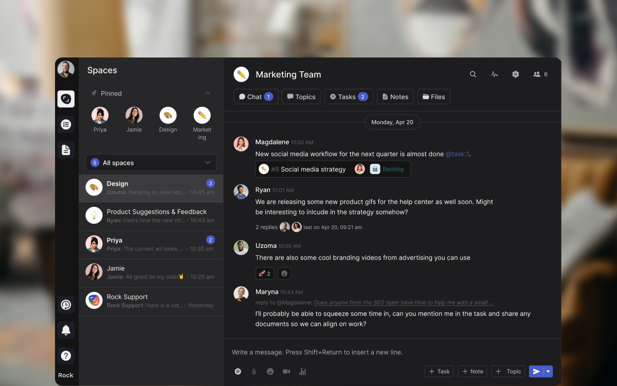 Rock workspace showing team chat for cross-functional collaboration