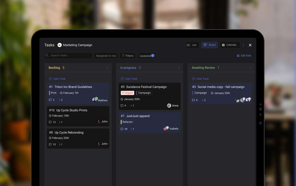 Task board with marketing campaign tasks organized across project stages