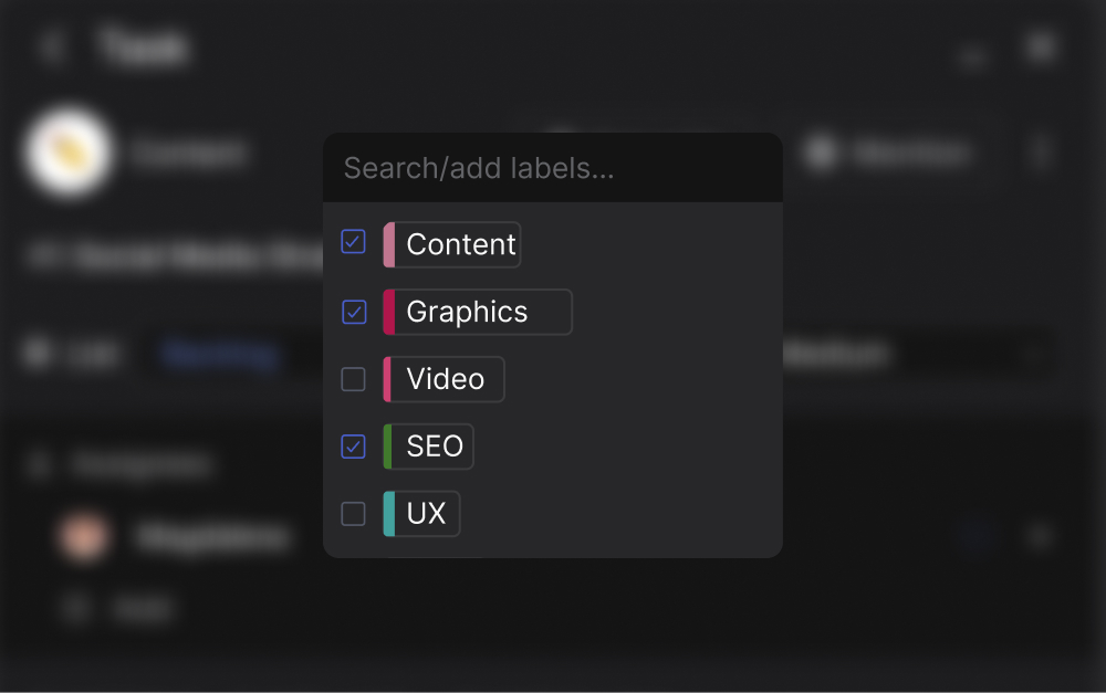 Labels and categories used to organize tasks within a project hierarchy