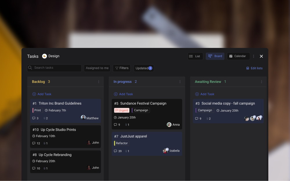 Task management interface showing organized project work