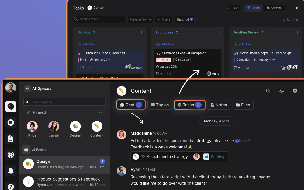 Rock workspace where chat and tasks live together makes time off easier