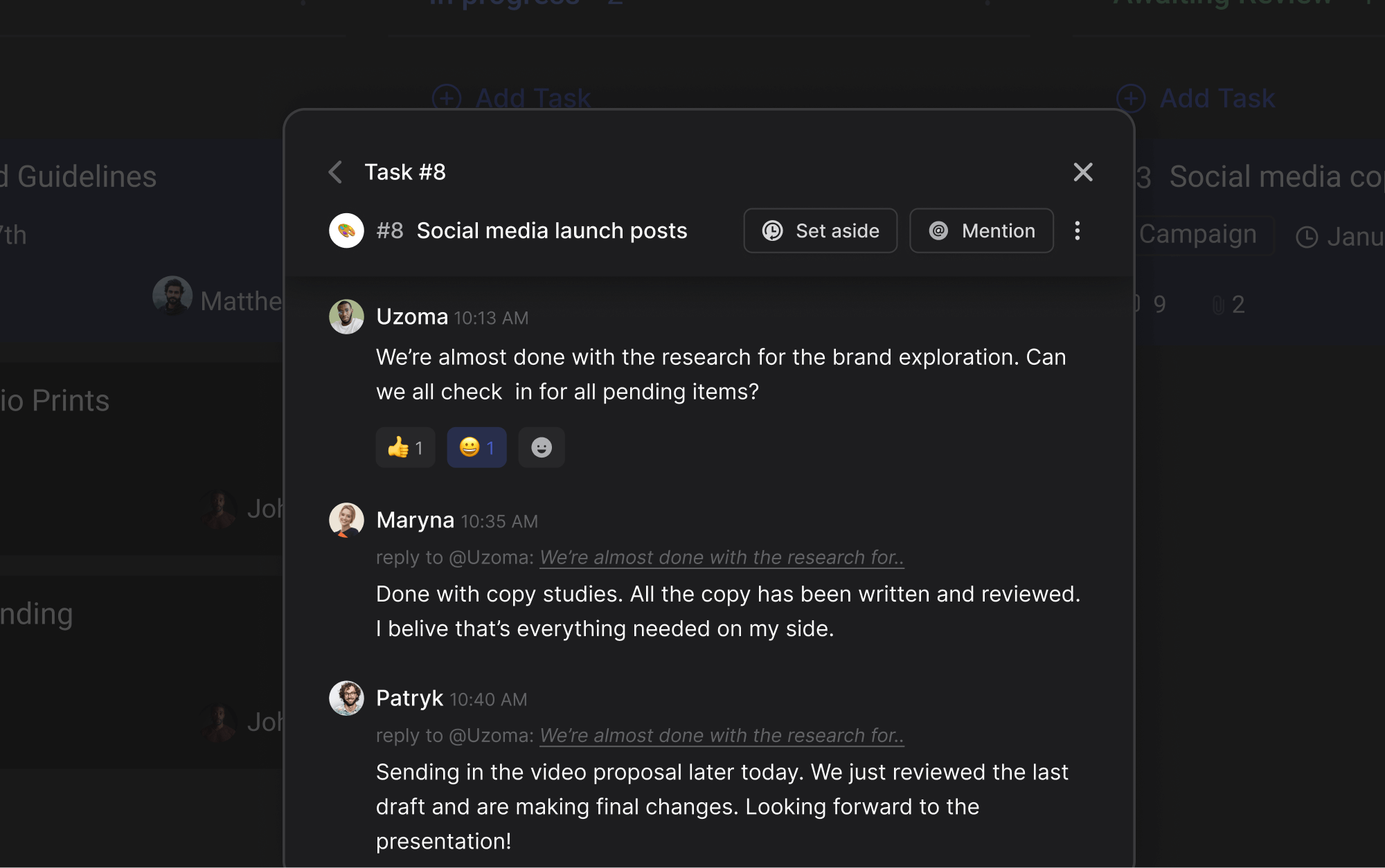 Rock task with comment thread, replacing the Notion plus Slack stack with one workspace