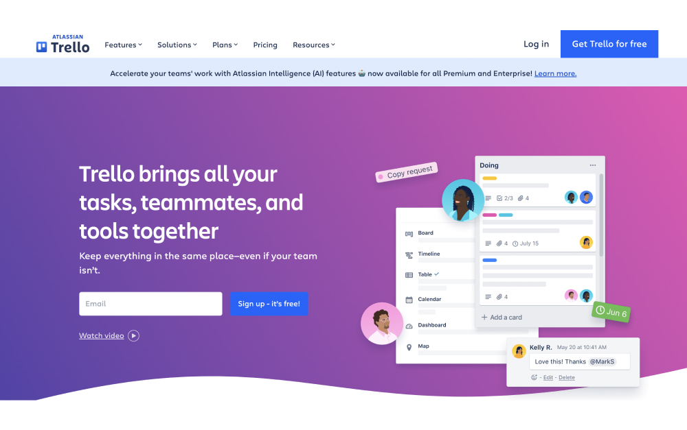 Trello board with tasks across to-do, in-progress, and done columns