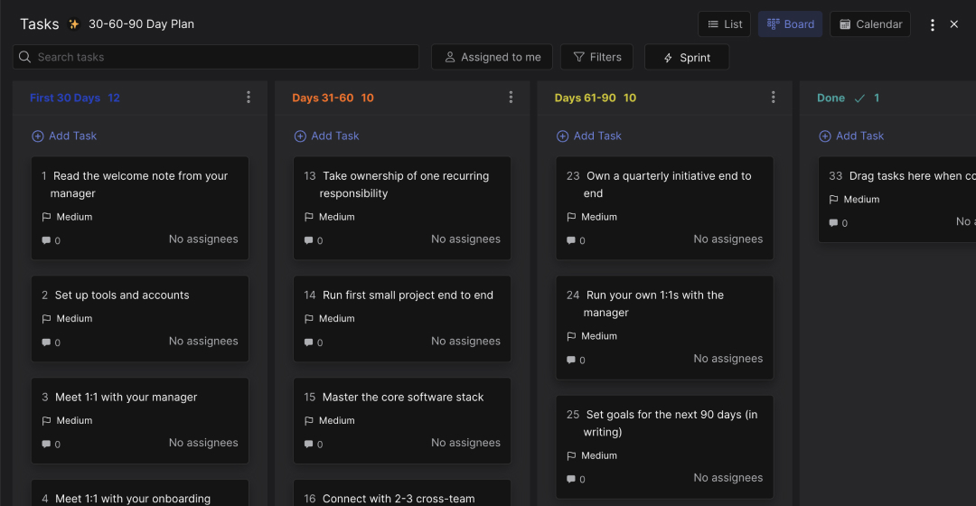 30-60-90 day plan template preview showing tasks organized across First 30 Days, Days 31-60, Days 61-90, and Done lists