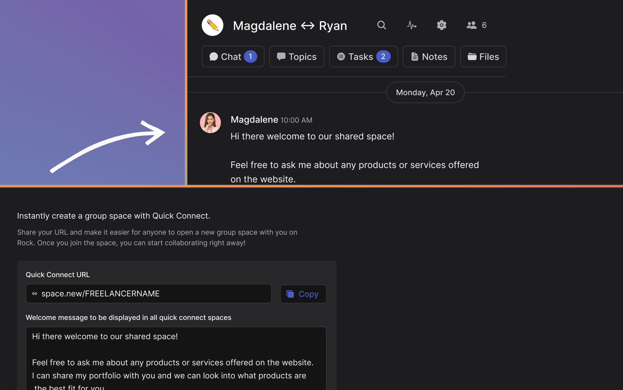 Rock cross-organization space showing a client invited into a shared chat