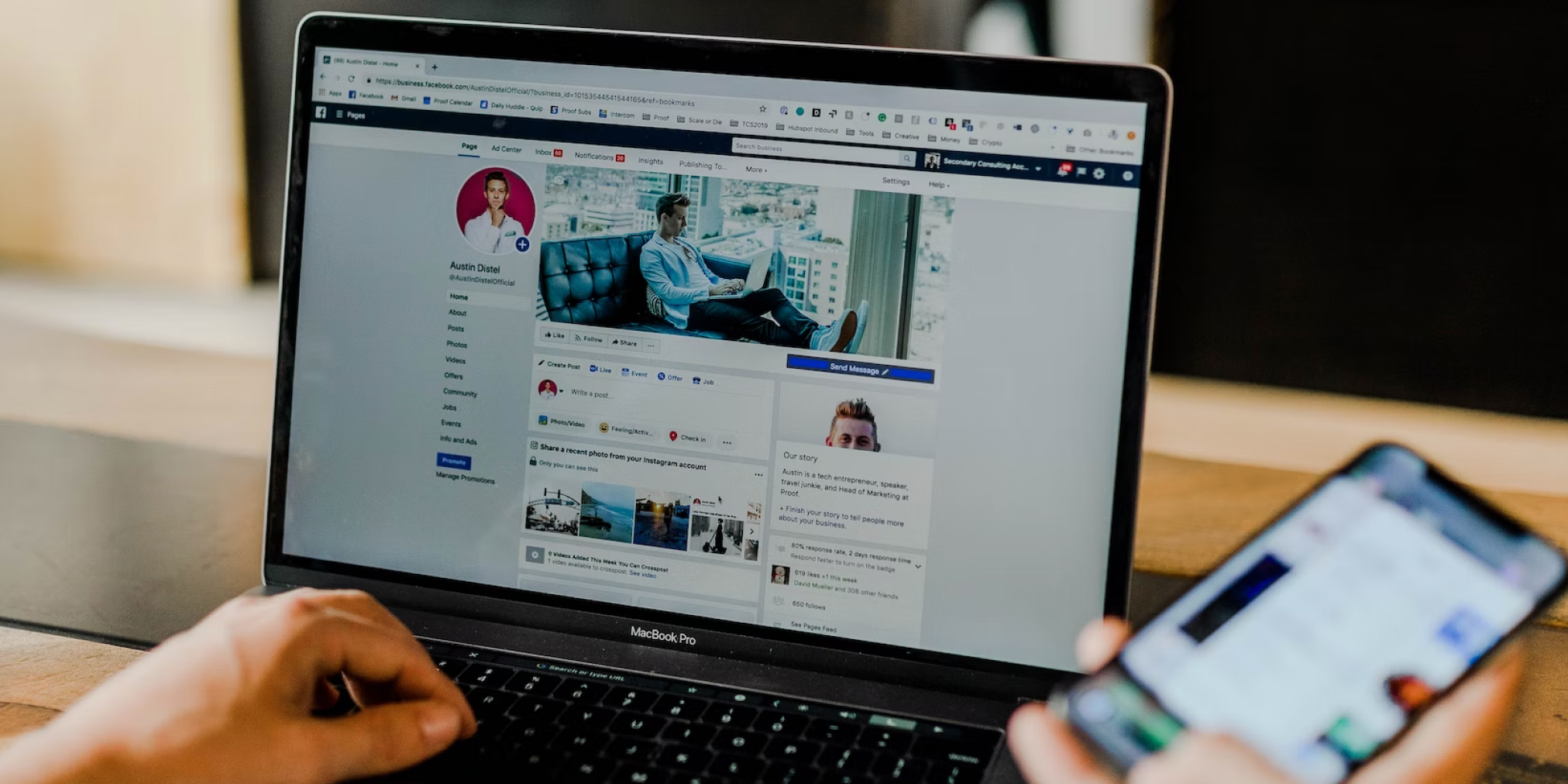 Marketing team running a campaign across social, paid, and content channels on laptop and phone