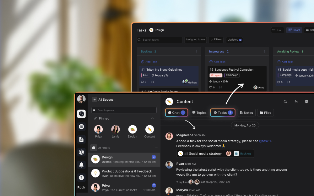 Rock workspace combining tasks and communication for B2B funnel coordination