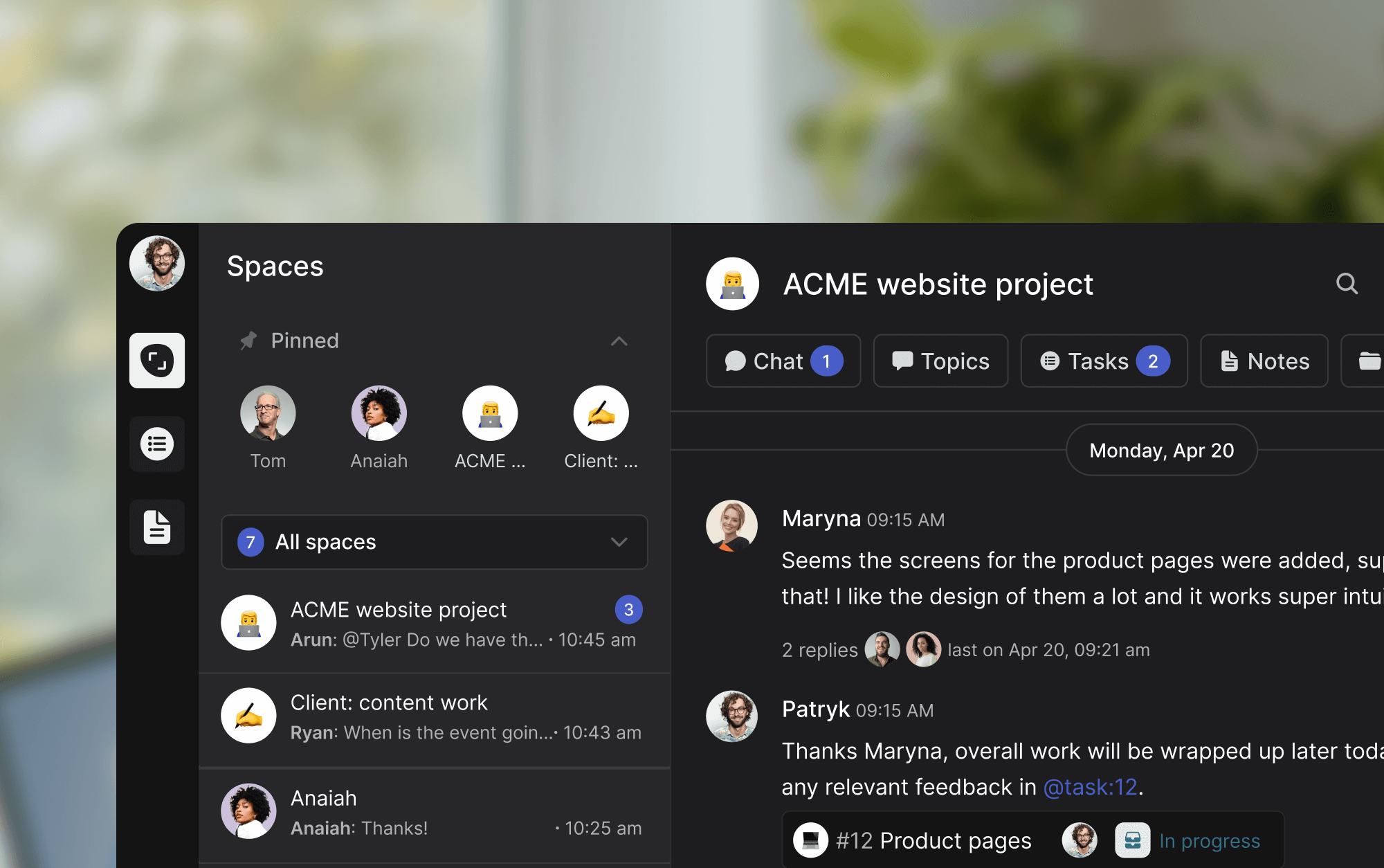 Rock project workspace with chat, tasks, and notes for project management
