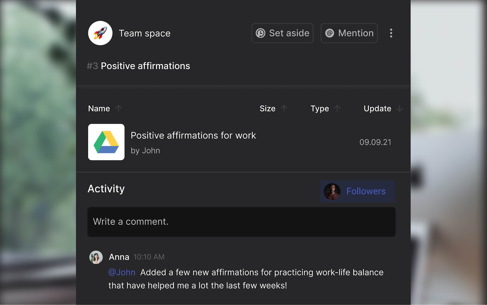Career affirmations task with an attachment to a Google Drive folder called "Positive affirmations for work" and a discussion below with the comment of a team member mentioning they added new affirmations for work-life balance