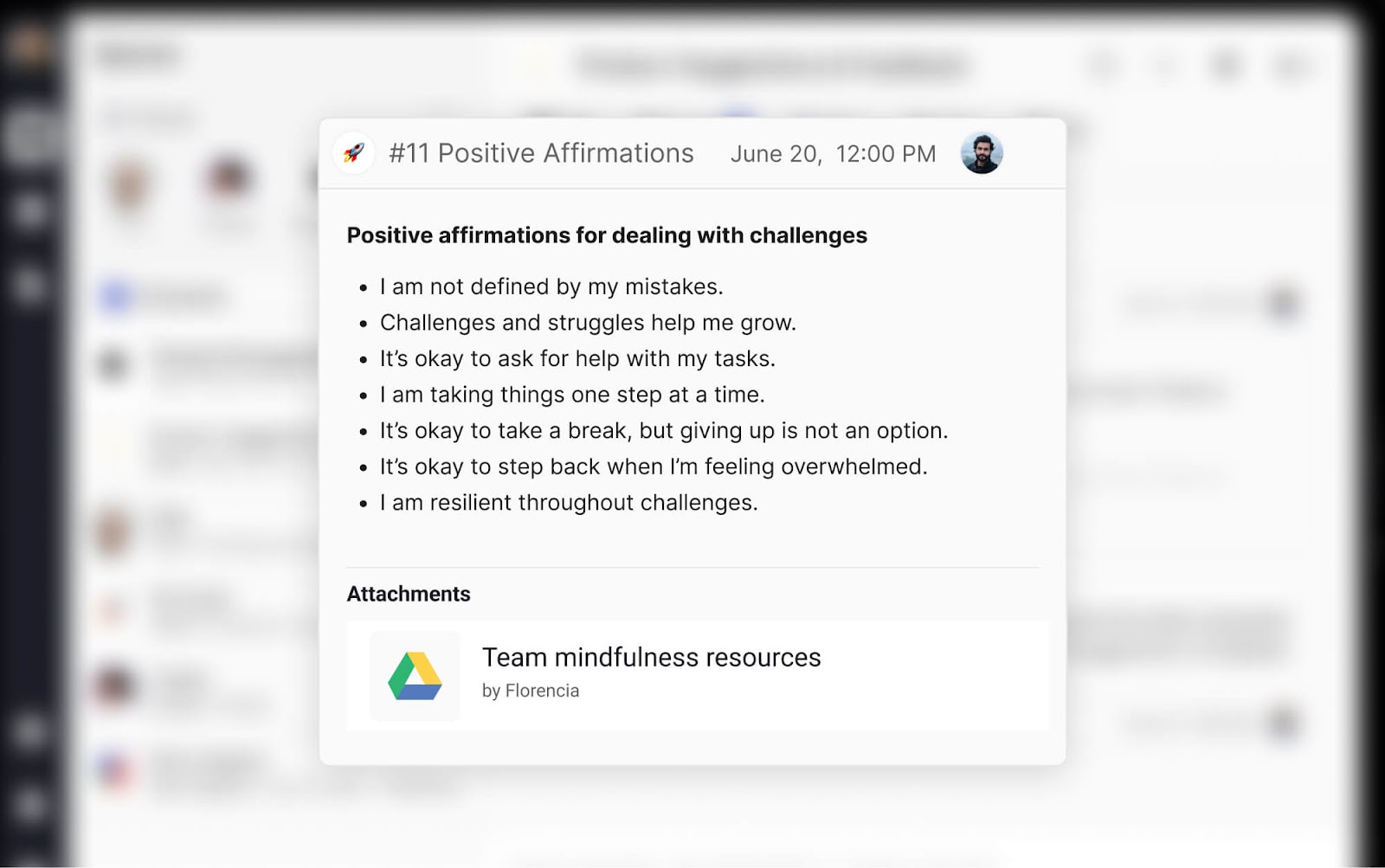 Career affirmations workflow example: Dedicated note with positive affirmations for dealing with challenges. Multiple examples listed such as "I am not defined by my mistakes". Attachment to a Google Drive folder
