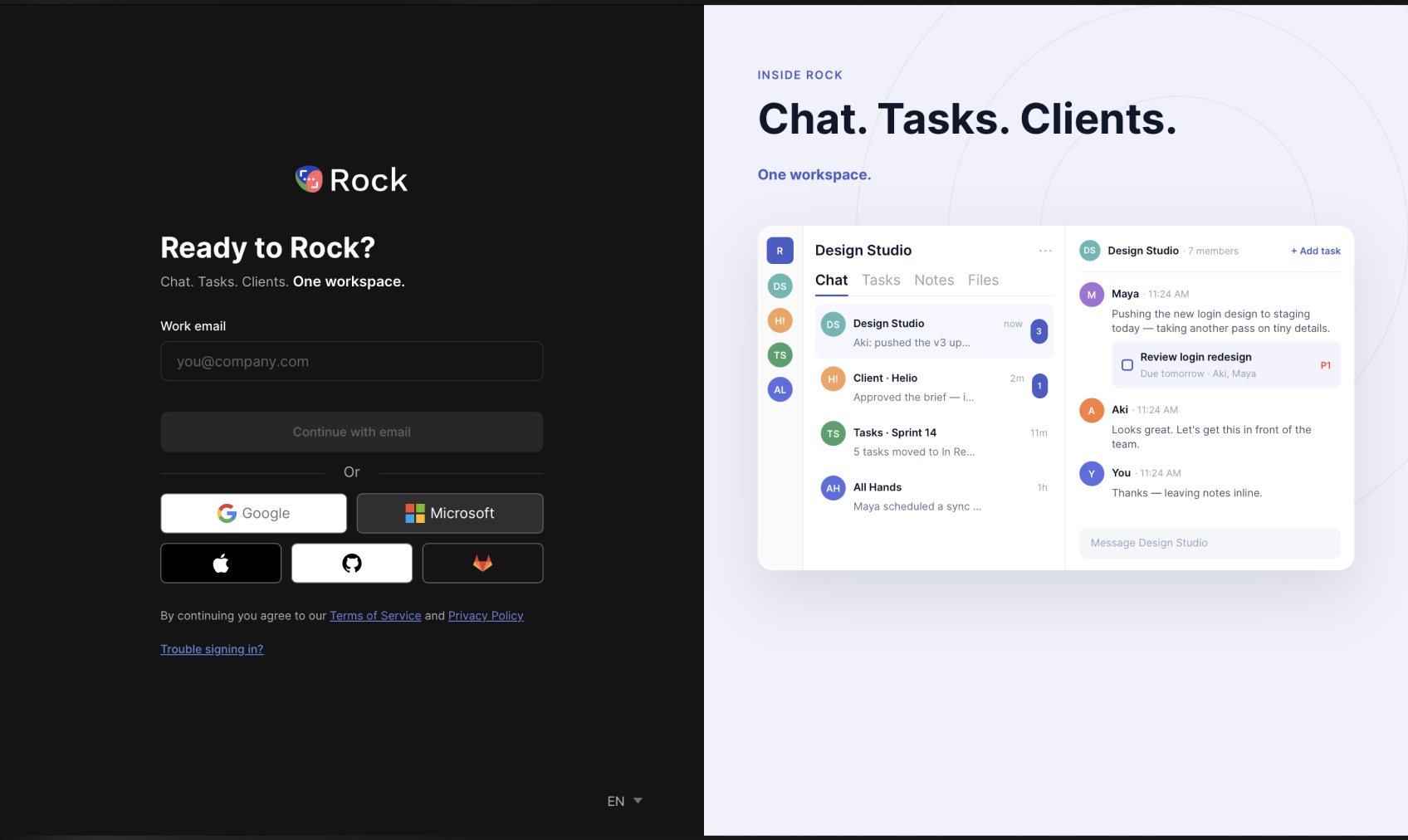 The new split-screen Rock sign-in page