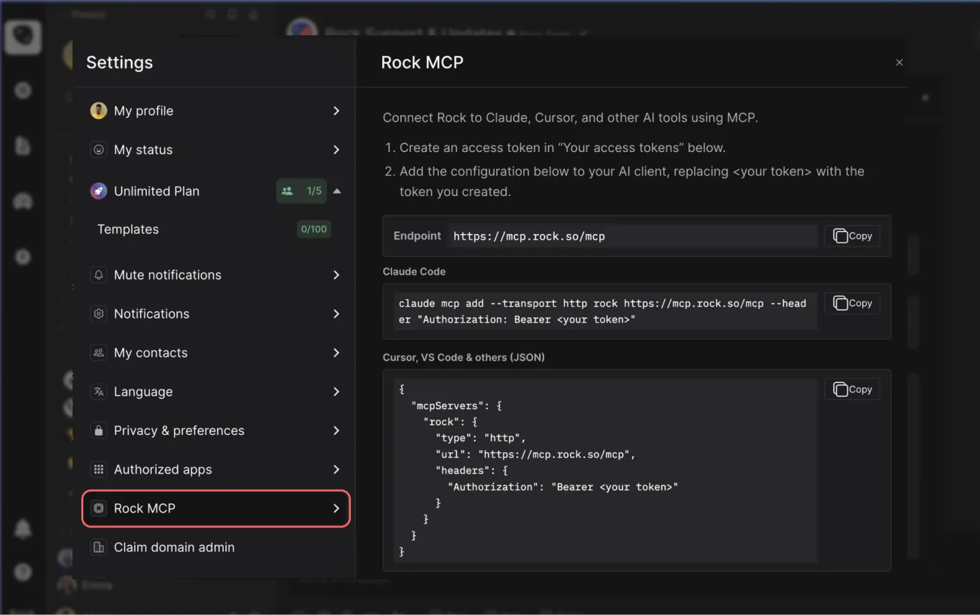 The Rock MCP panel in Rock settings, with the Rock MCP menu item highlighted