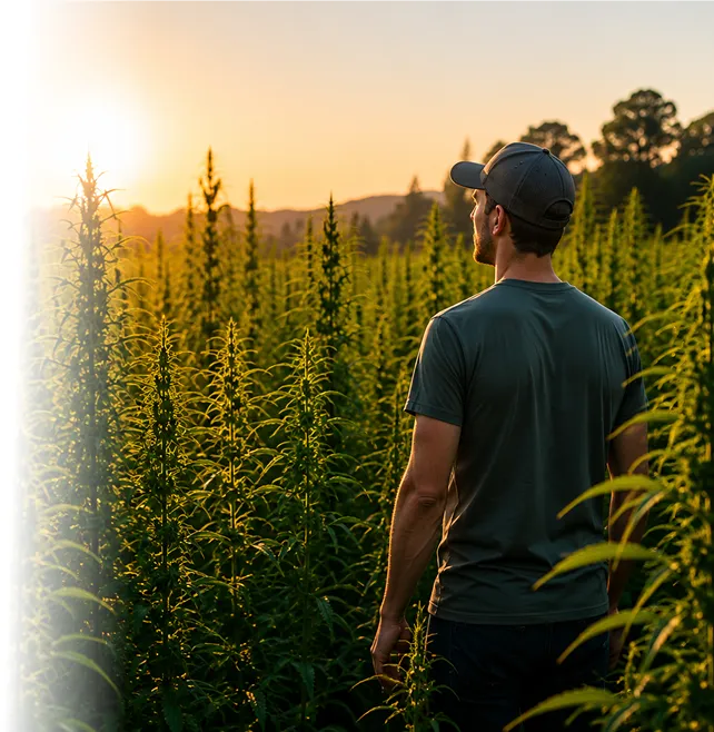 Industrial hemp field at sunset with GrowLegally branding promoting Health Canada industrial hemp licensing support in Canada.