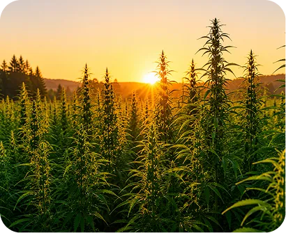 Industrial hemp field at sunset with GrowLegally branding promoting Health Canada industrial hemp licensing support in Canada.