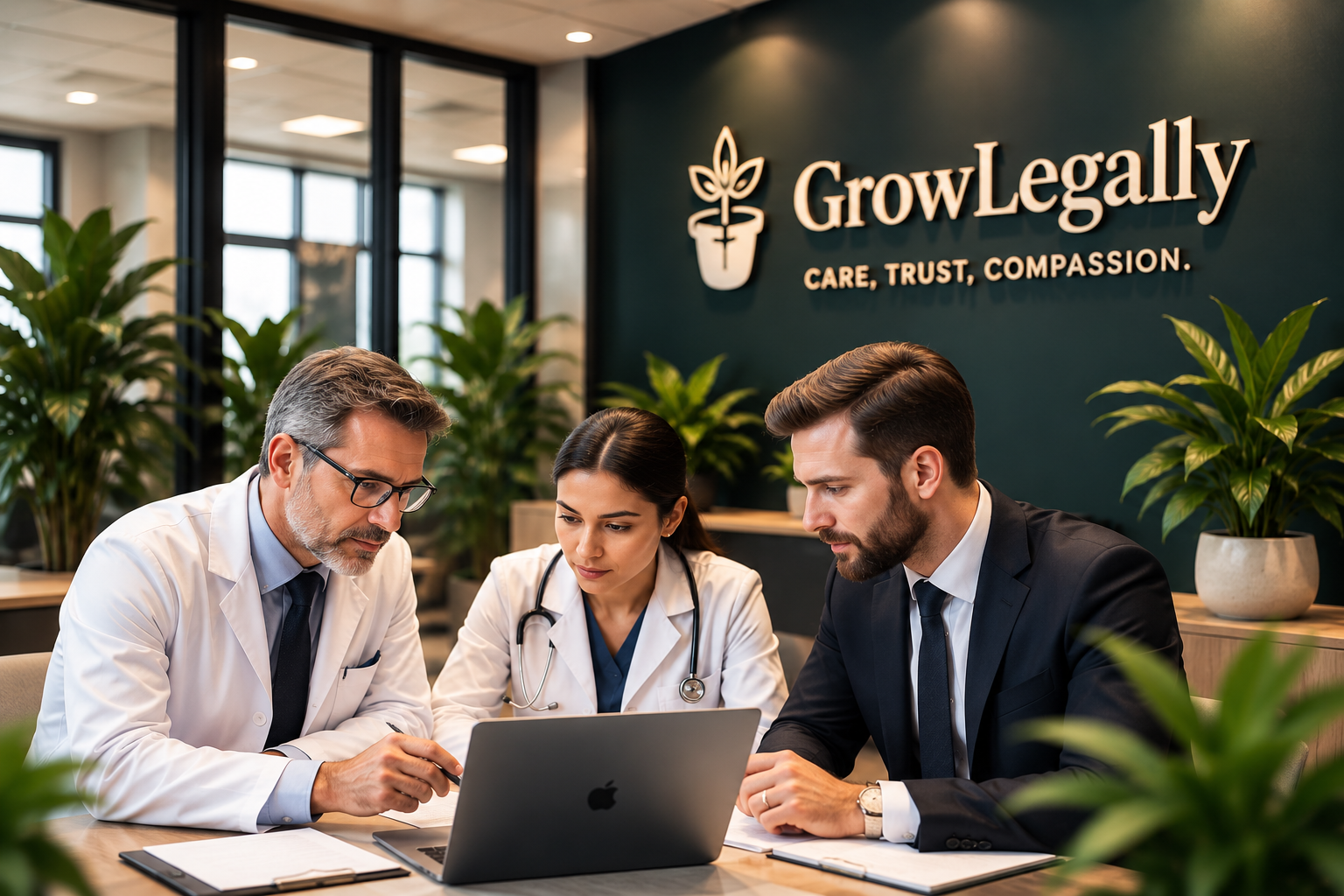 GrowLegally medical cannabis clinic and licensing team consulting in a Toronto office