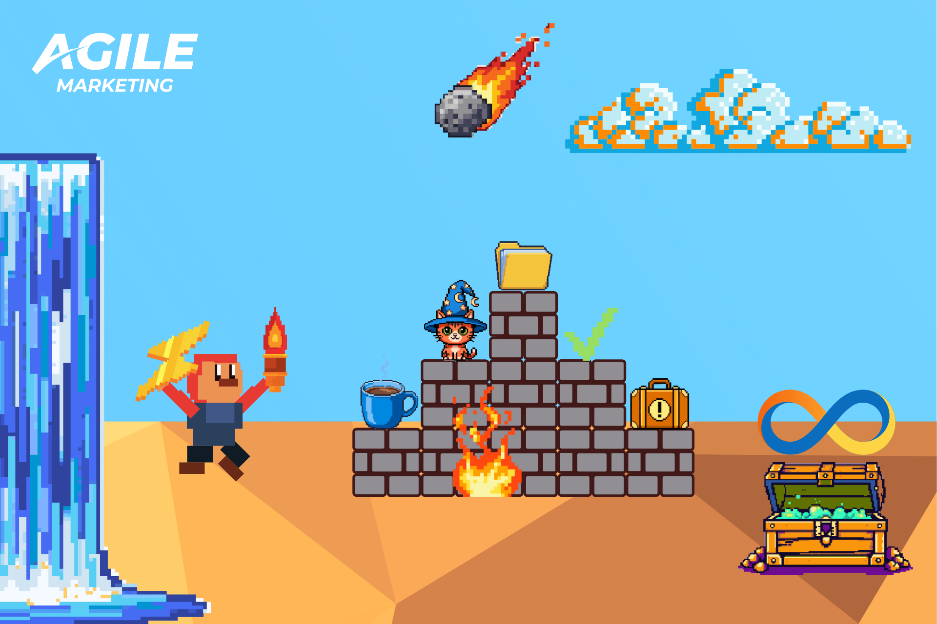 "What is Agile Marketing?" blog hero image. Pixel marketer faces a brick wall bottleneck (siloed adoption) using a lightning bolt power-up to reach the revenue treasure chest, overseen by the infinity loop (CI/CD).