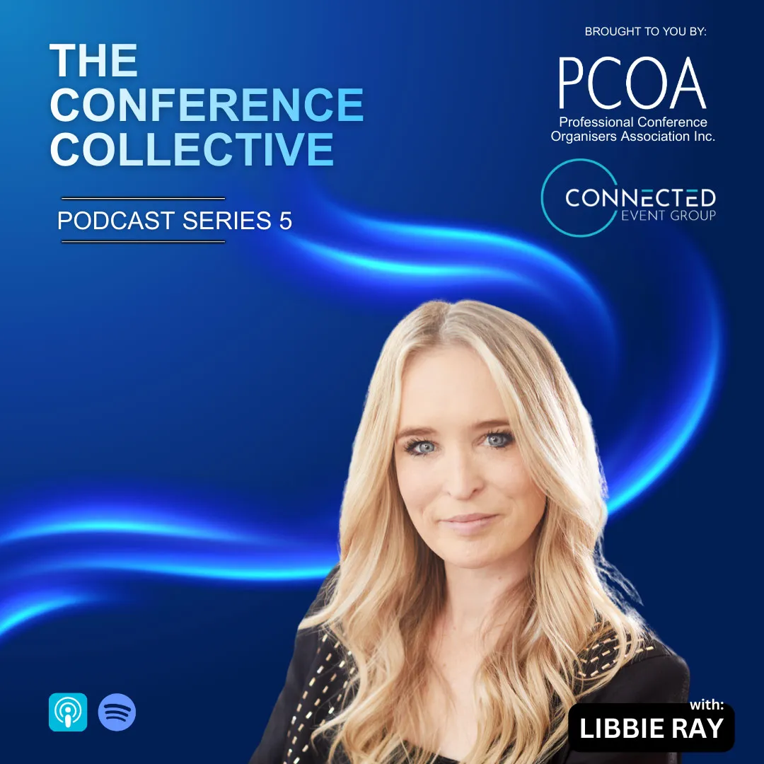 Podcast cover for The Conference Collective Series 5 featuring host Libbie Ray with blue abstract wave background and logos of PCOA and Connected Event Group.