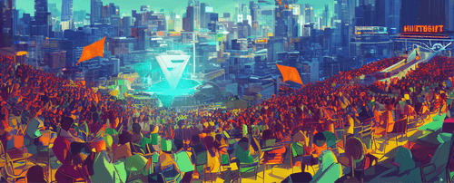 AI generated image of community forum, sovereign people sitting in the amphitheater