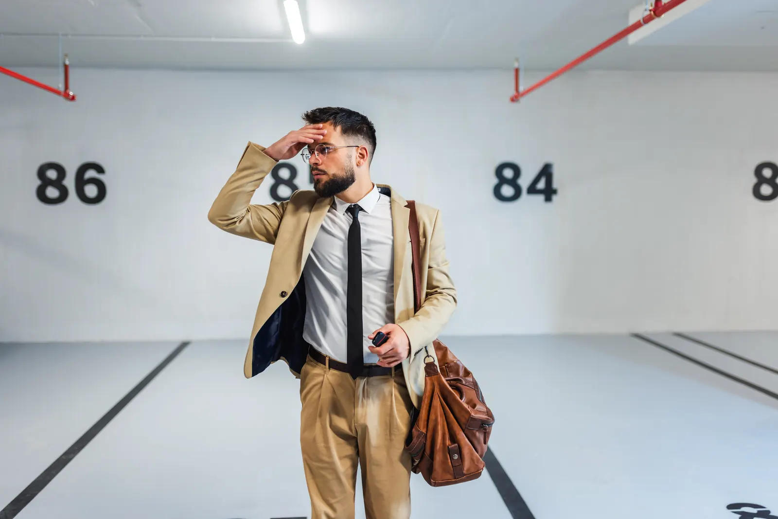 Picture of a man in a carpark not being able to remember where exactly he parked his car, looking confused.